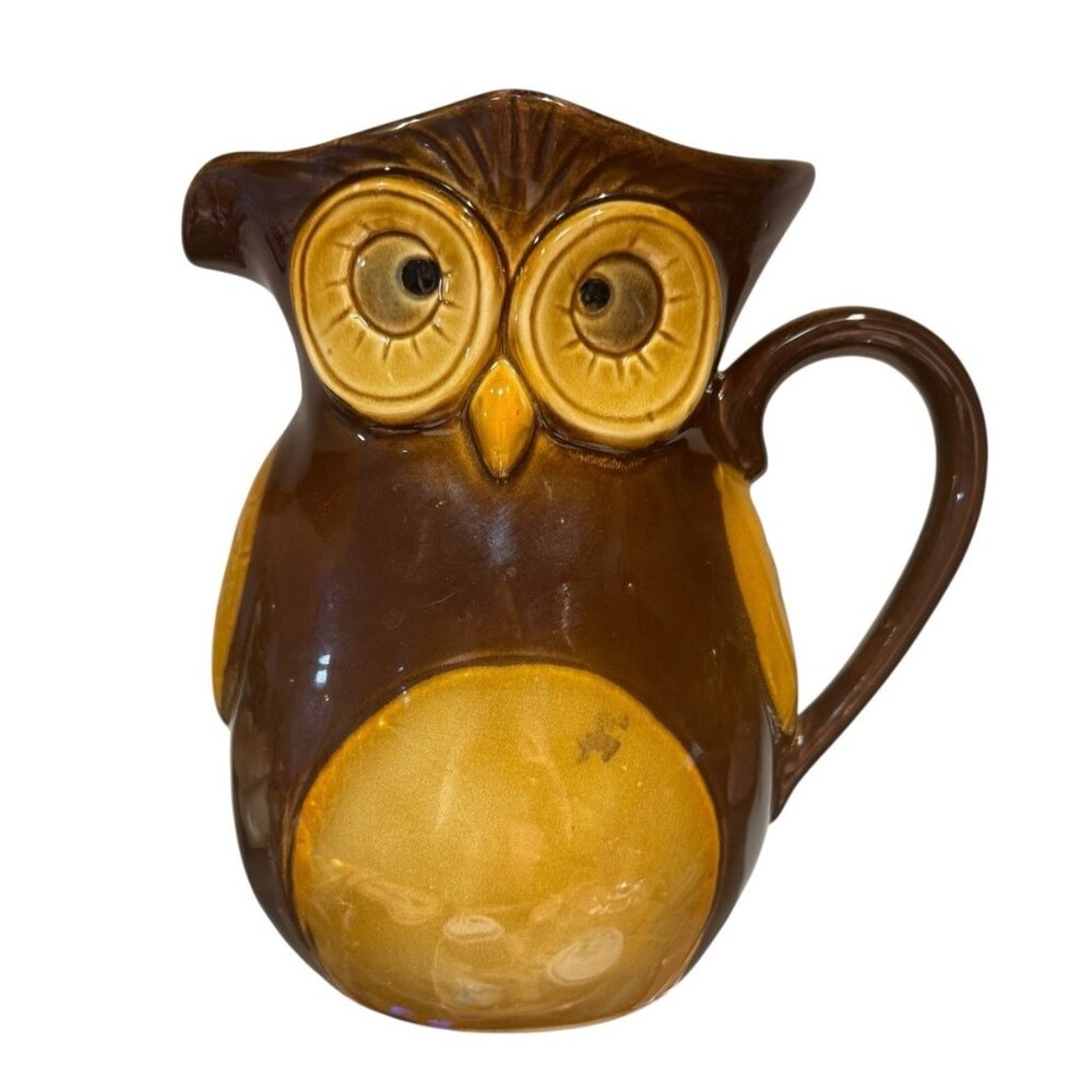 Vintage Abbott Owl Pitcher, Brown And Tan, Farmhouse, Kitchen Decor Ceramic Jug